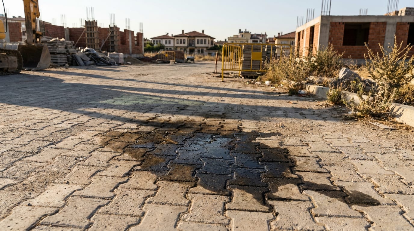 Açık renk parke taşı üzerinde yayılmış koyu yağ lekesi