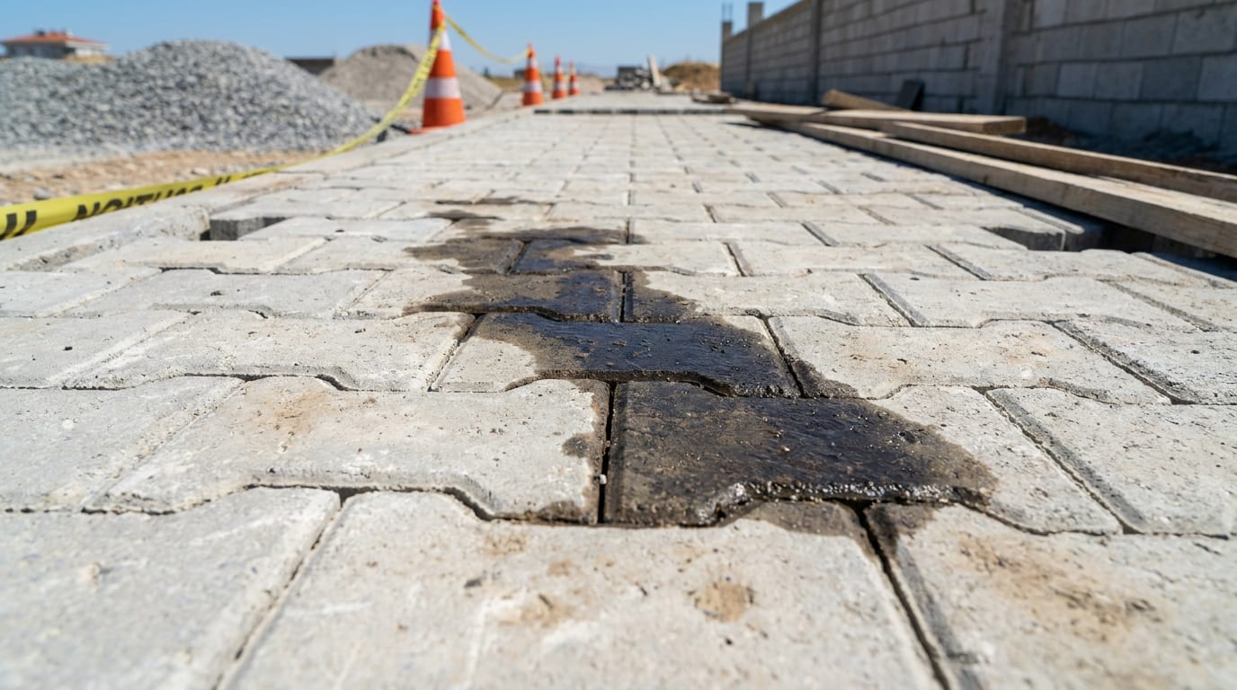 Açık renk parke taşı üzerinde yayılmış koyu yağ lekesi