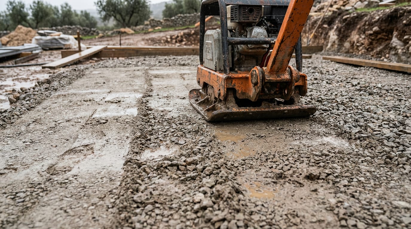 Yeni serilmiş kırmataş alt temel üzerinde plaka kompaktör; sıkışmış ve sıkışmamış alan yan yana
