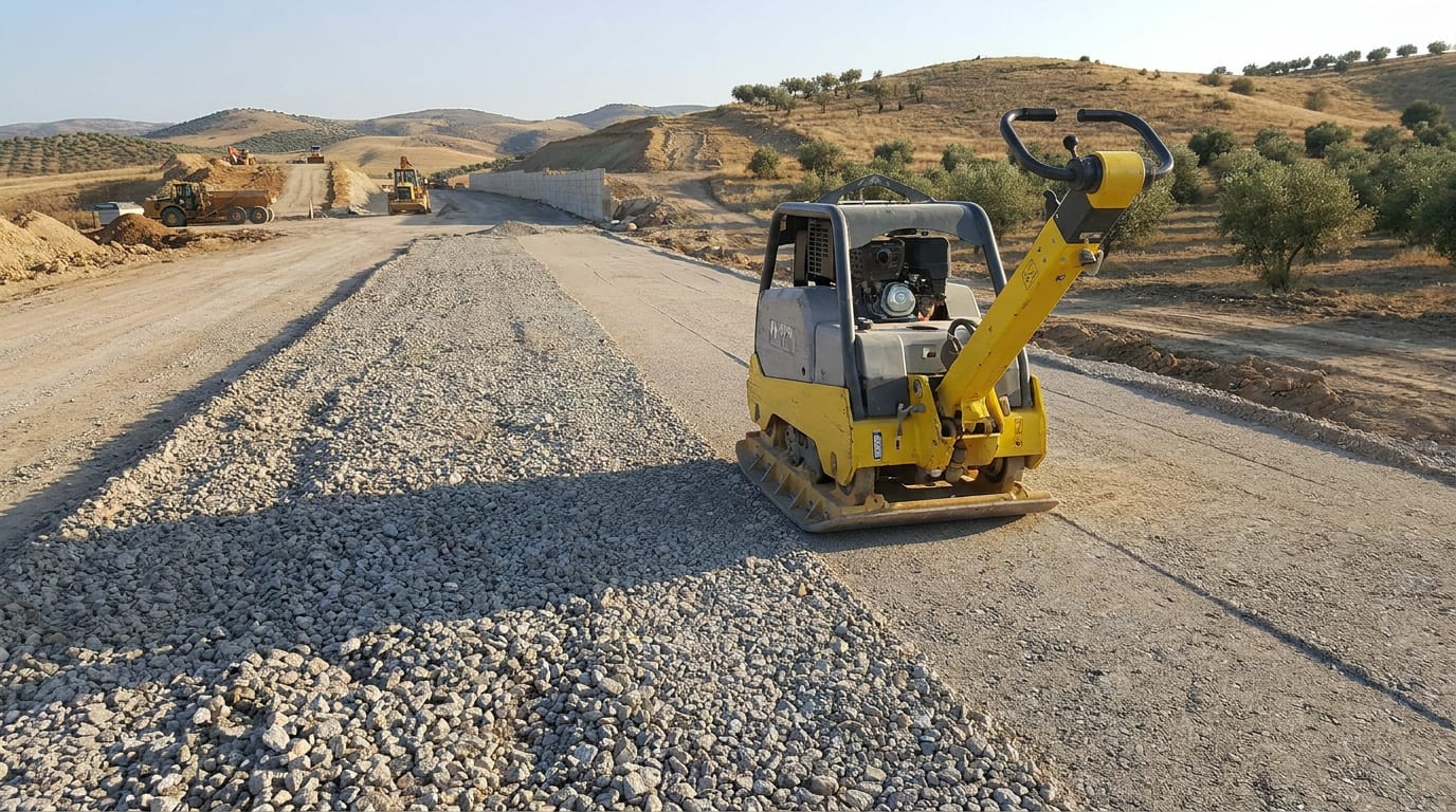 Yeni serilmiş kırmataş alt temel üzerinde plaka kompaktör; sıkışmış ve sıkışmamış alan yan yana