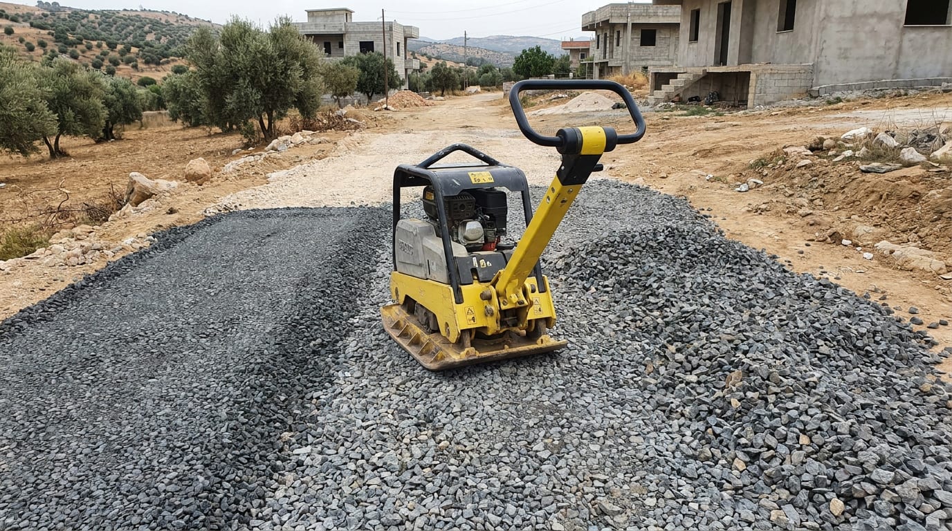 Yeni serilmiş kırmataş alt temel üzerinde plaka kompaktör; sıkışmış ve sıkışmamış alan yan yana