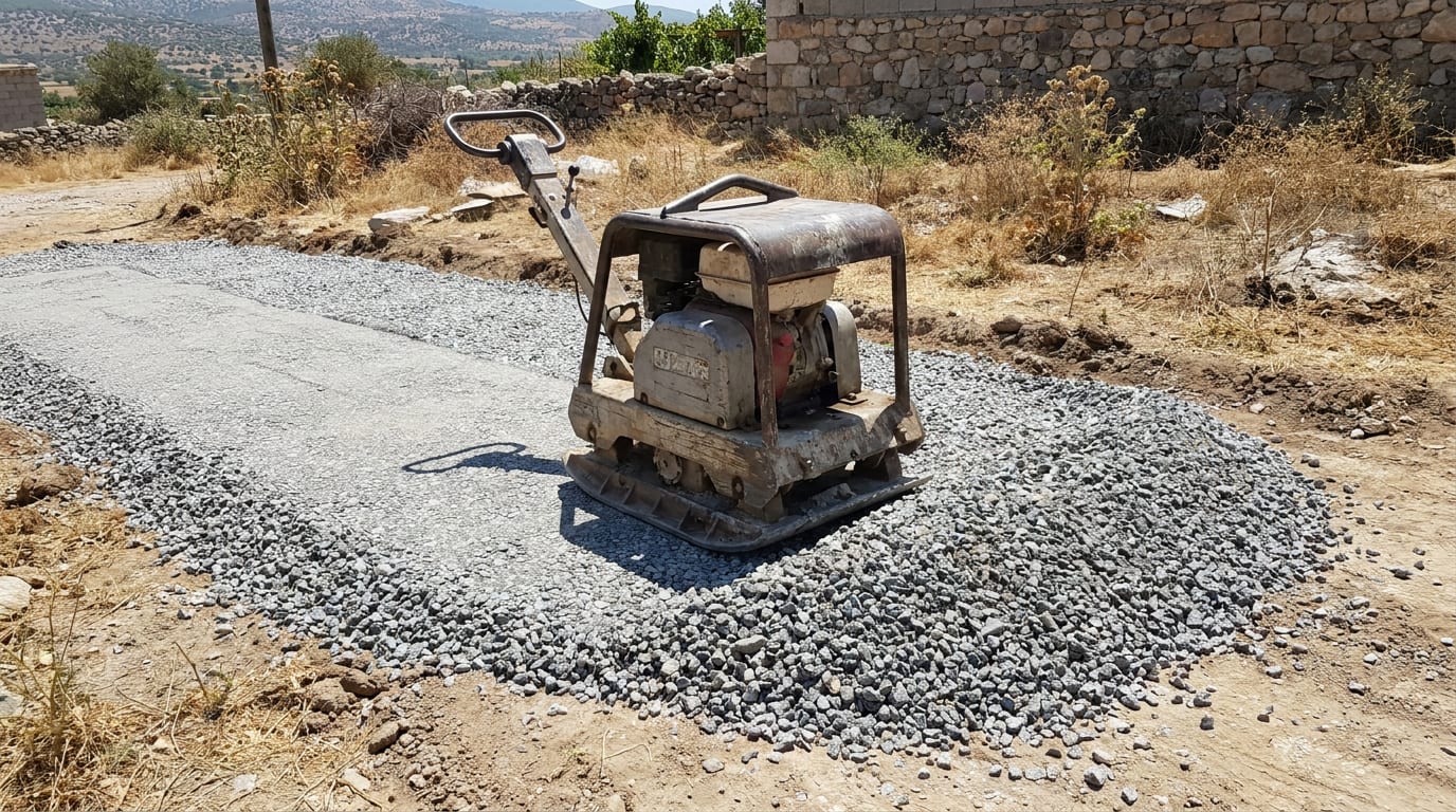 Yeni serilmiş kırmataş alt temel üzerinde plaka kompaktör; sıkışmış ve sıkışmamış alan yan yana