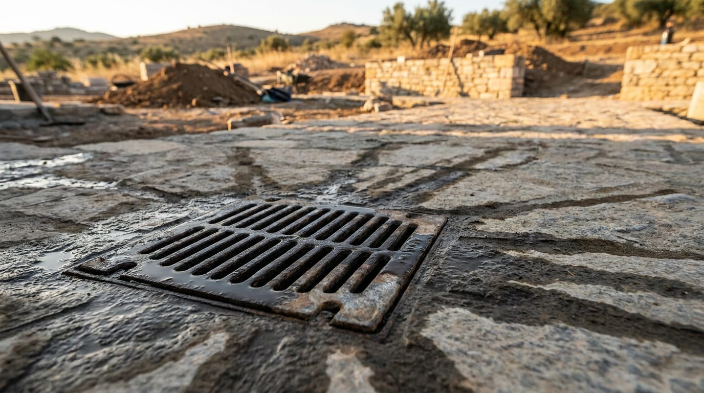 Eğimin en düşük noktasındaki süzek ızgarası; çevresinde ıslak akış izleri