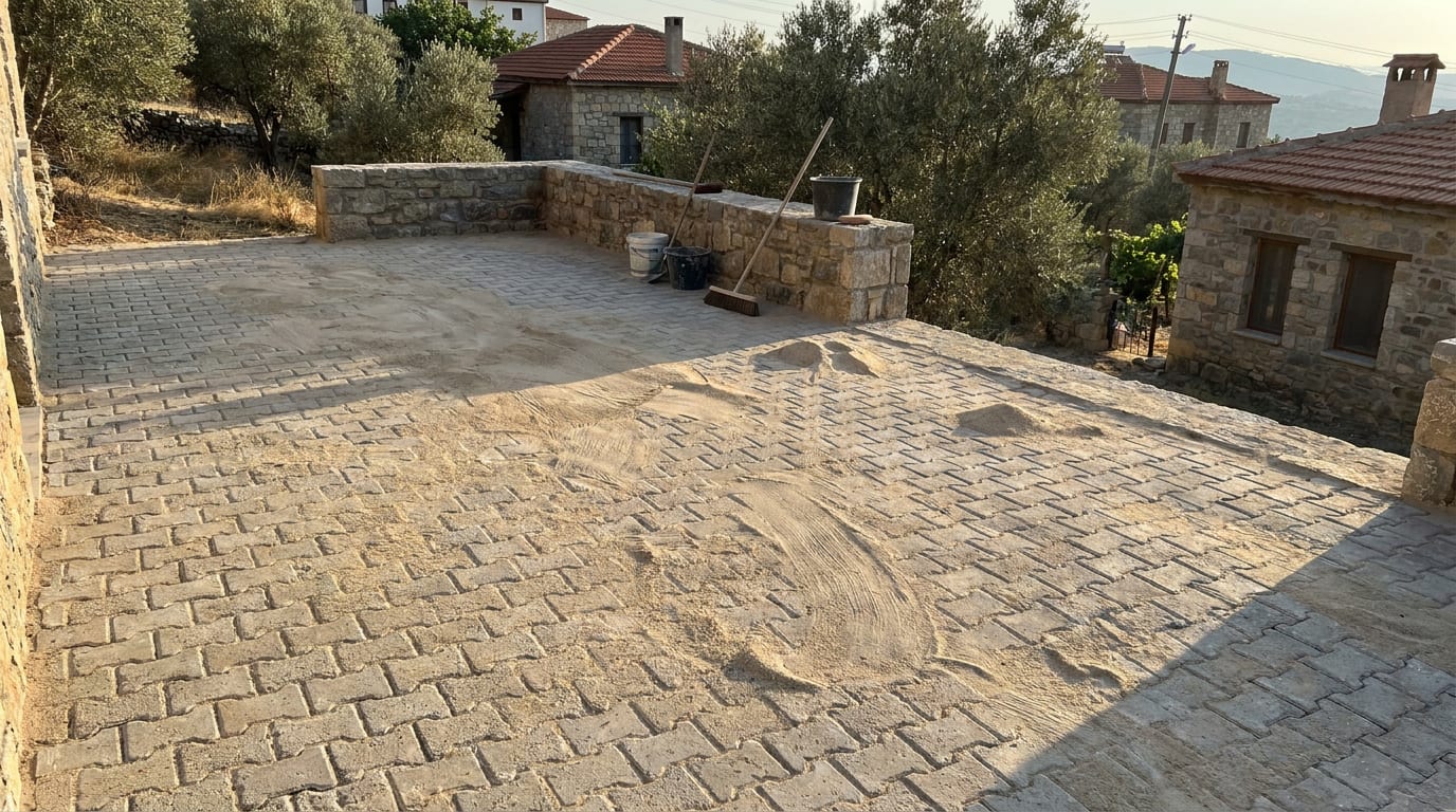 Derz kumu yenilenen teras; taşların üzerinde fırça izleri ve serbest kum