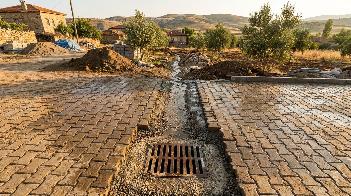 Geçirimli parkenin açık derzlerinden emilen yağmur suyu ve süzeğe giden sığ kanal