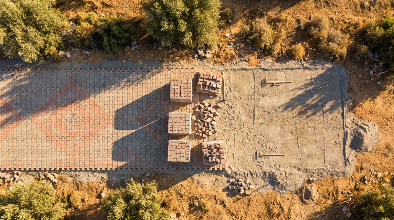 Üstten görünüm: bir yanı döşenmiş parke, diğer yanı hazır zemin, arada istif