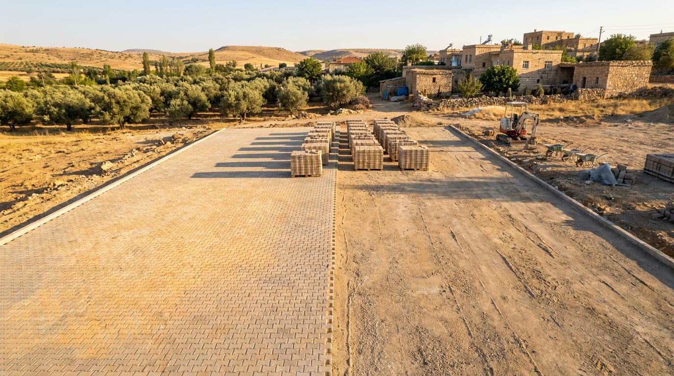 Üstten görünüm: bir yanı döşenmiş parke, diğer yanı hazır zemin, arada istif
