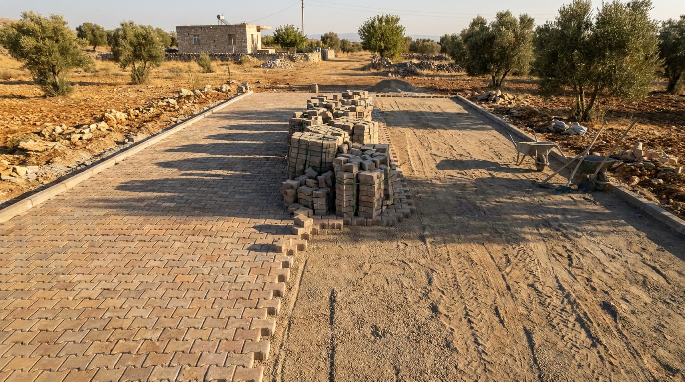 Üstten görünüm: bir yanı döşenmiş parke, diğer yanı hazır zemin, arada istif