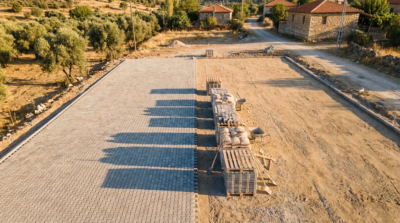 Üstten görünüm: bir yanı döşenmiş parke, diğer yanı hazır zemin, arada istif